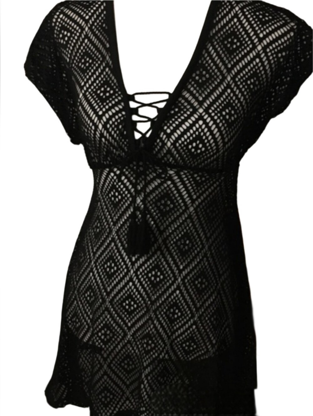 Black Lace Crochet Swim Cover-Up with Deep V and Tie
